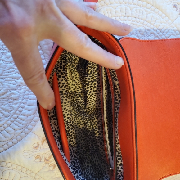 Small Satchel bag orange with leopard print lining. Great condition.  9" x 8" - Picture 2 of 7